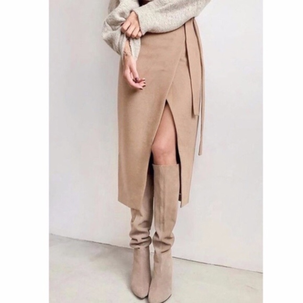 Boho Khaki Tan Tulip Hem Midi Skirt - Picture 2 of 2